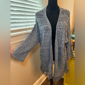 Allison Daley 34" long open knit cardigan/wrap sweater Fringe bottom. Size P L/G